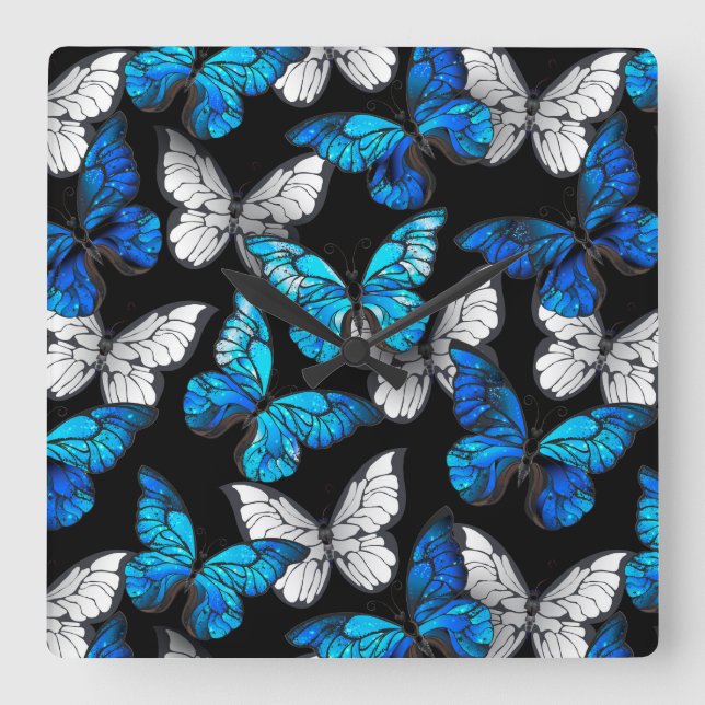 Dark Seamless Pattern with Blue Butterflies Morpho Square Wall Clock (Front)