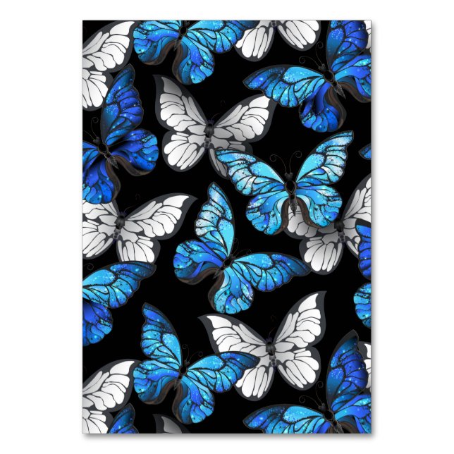 Dark Seamless Pattern with Blue Butterflies Morpho Table Number (Front)