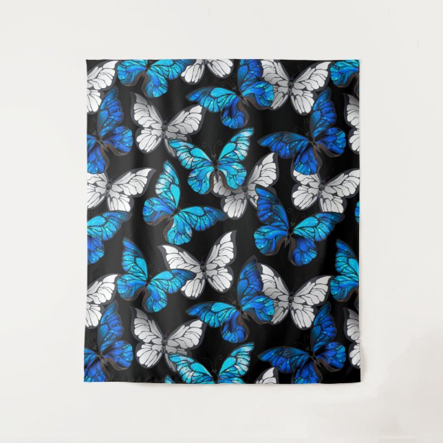Dark Seamless Pattern with Blue Butterflies Morpho Tapestry (Front)