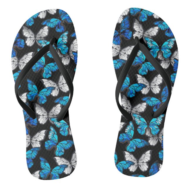 Dark Seamless Pattern with Blue Butterflies Morpho Thongs (Footbed)
