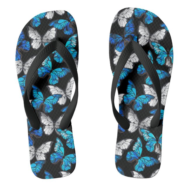 Dark Seamless Pattern with Blue Butterflies Morpho Thongs (Footbed)