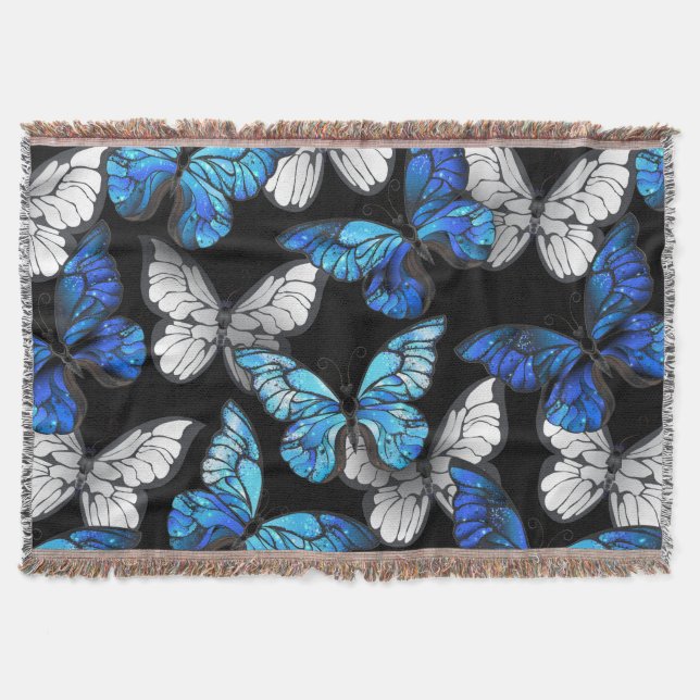 Dark Seamless Pattern with Blue Butterflies Morpho Throw Blanket (Front)
