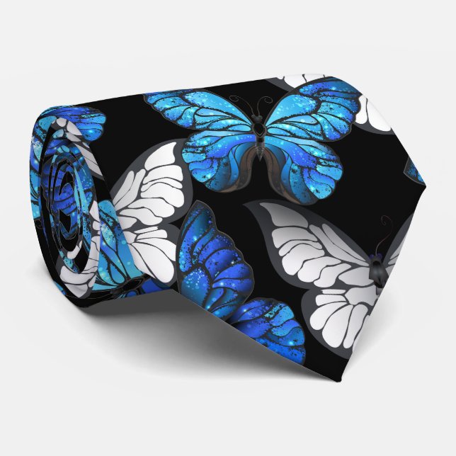 Dark Seamless Pattern with Blue Butterflies Morpho Tie (Rolled)