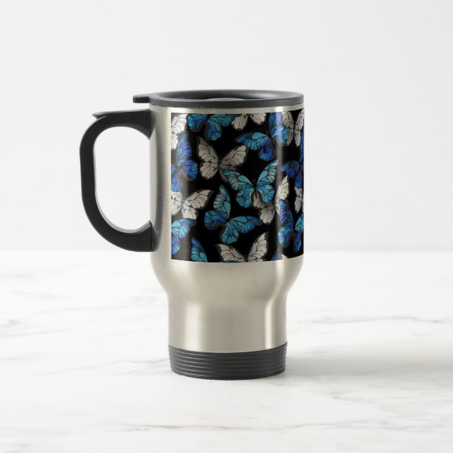 Dark Seamless Pattern with Blue Butterflies Morpho Travel Mug (Left)