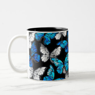 Dark Seamless Pattern with Blue Butterflies Morpho Two-Tone Coffee Mug