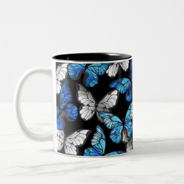 Dark Seamless Pattern with Blue Butterflies Morpho Two-Tone Coffee Mug (Left)