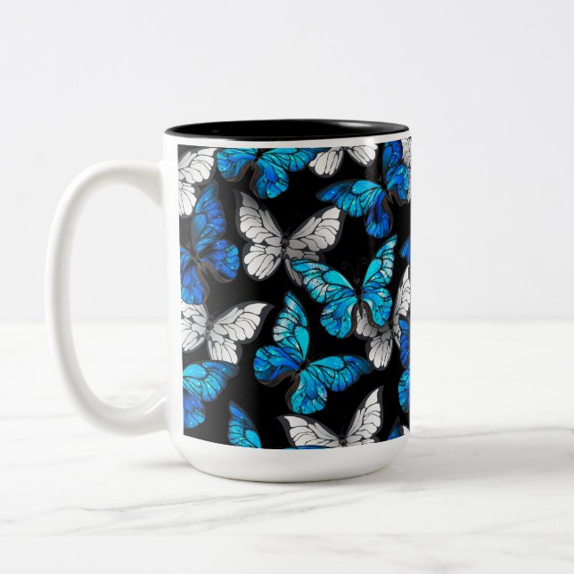 Dark Seamless Pattern with Blue Butterflies Morpho Two-Tone Coffee Mug (Left)