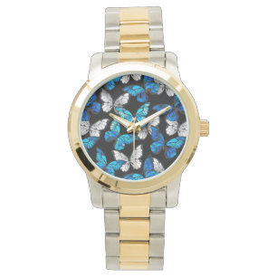 Dark Seamless Pattern with Blue Butterflies Morpho Watch