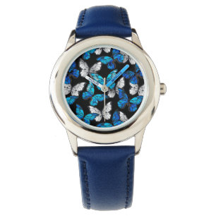 Dark Seamless Pattern with Blue Butterflies Morpho Watch