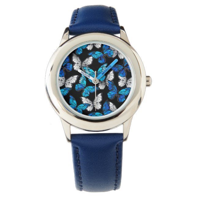 Dark Seamless Pattern with Blue Butterflies Morpho Watch (Front)