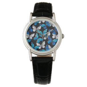 Dark Seamless Pattern with Blue Butterflies Morpho Watch
