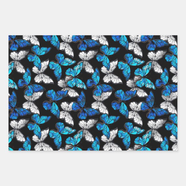 Dark Seamless Pattern with Blue Butterflies Morpho Wrapping Paper Sheet (Front)