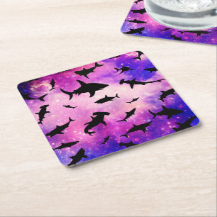 Dark shadow fish shark on gradient galaxy Space Square Paper Coaster