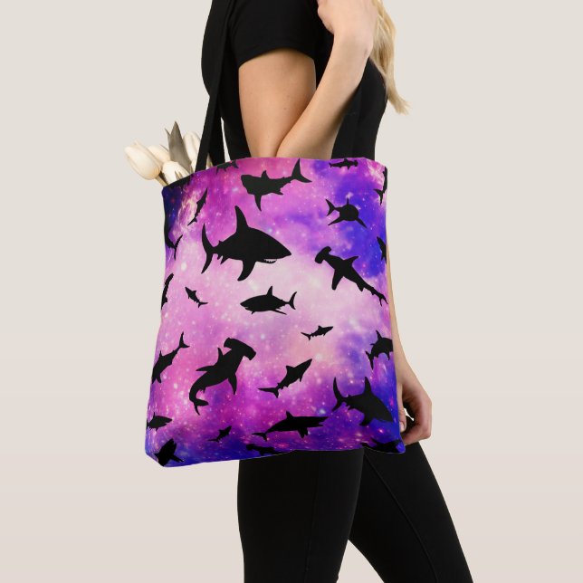 Dark shadow fish shark on gradient galaxy Space Tote Bag (Close Up)