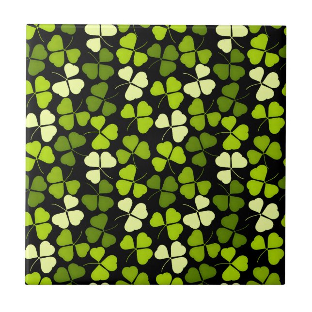 Dark Shamrock Pattern Green & Black Ceramic Tile (Front)