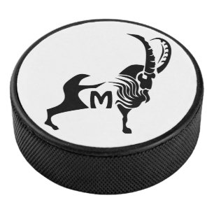 Dark Silhouette Ram in Black Ink Hockey Puck