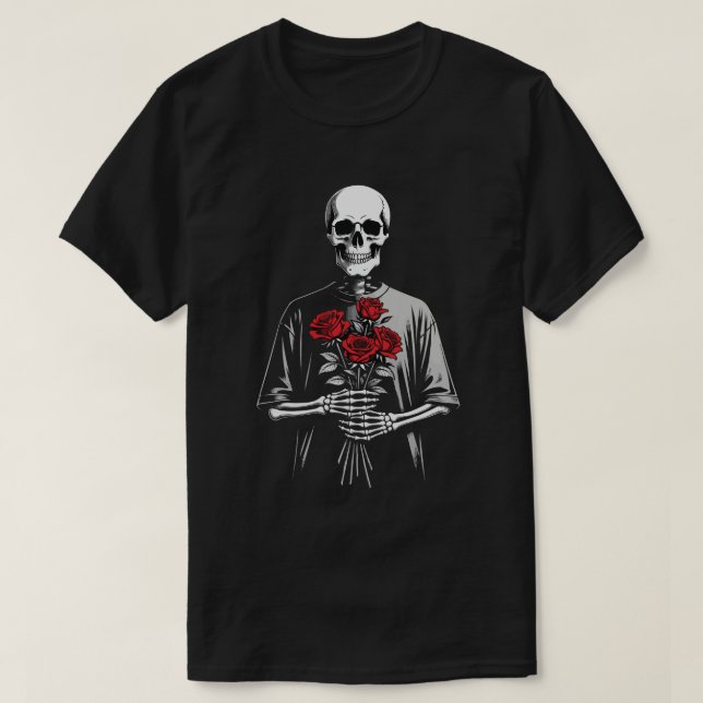 Dark Skeleton with Red Roses Bouquet Gothic Aesthe T-Shirt (Design Front)