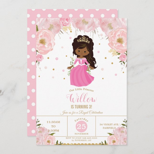 Dark Skin African Princess Pink Floral Birthday Invitation (Front/Back)
