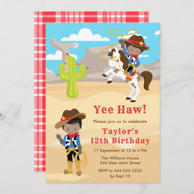 Dark Skin Cowboy Birthday Party Invitation (Front/Back)