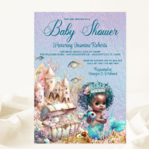 Dark Skin Mermaid Princess Baby Shower Invitation