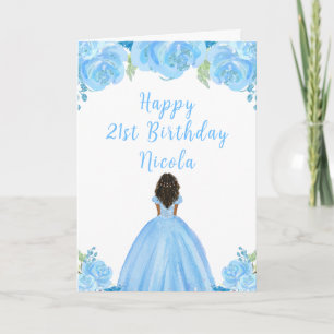 Dark Skin Princess Blue Floral Birthday Party Card