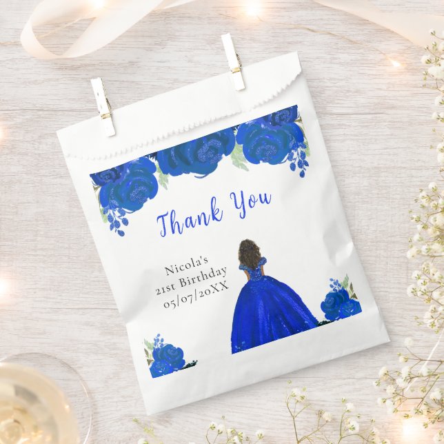 Dark Skin Princess Blue Floral Birthday Party Favour Bag (Clipped)