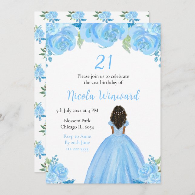 Dark Skin Princess Blue Floral Birthday Party Invitation (Front/Back)