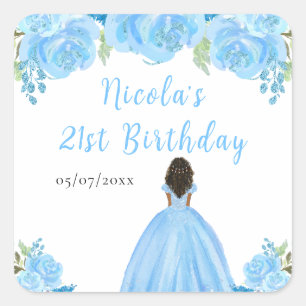 Dark Skin Princess Blue Floral Birthday Party Square Sticker