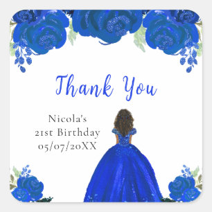 Dark Skin Princess Blue Floral Birthday Party Square Sticker