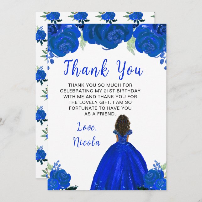 Dark Skin Princess Blue Floral Birthday Party Thank You Card (Front/Back)