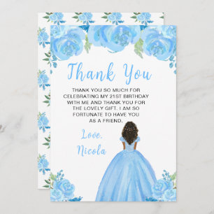 Dark Skin Princess Blue Floral Birthday Party Thank You Card