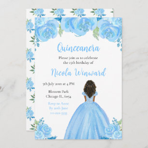 Dark Skin Princess Blue Floral Quinceanera Invitation