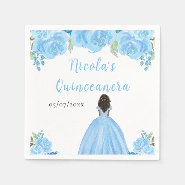 Dark Skin Princess Blue Floral Quinceanera Napkin (Front)