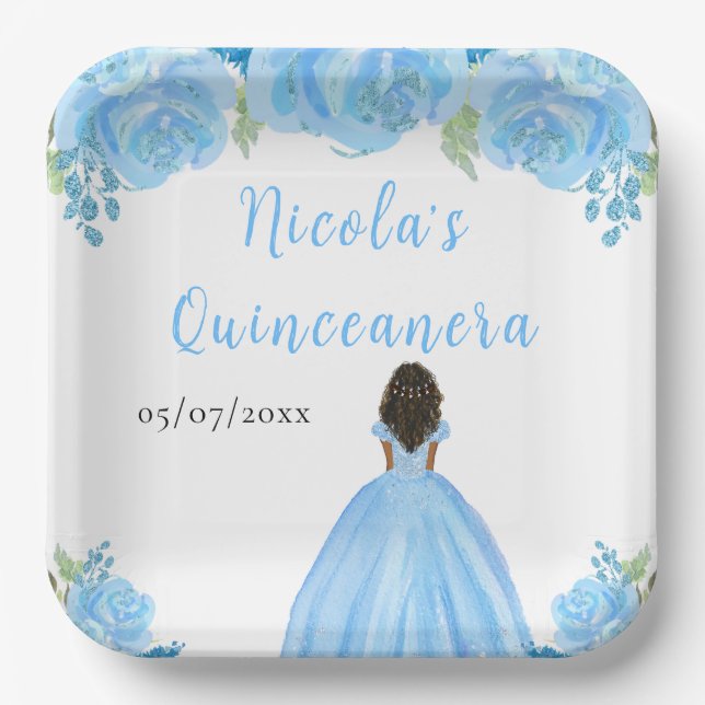 Dark Skin Princess Blue Floral Quinceanera Paper Plate (Front)