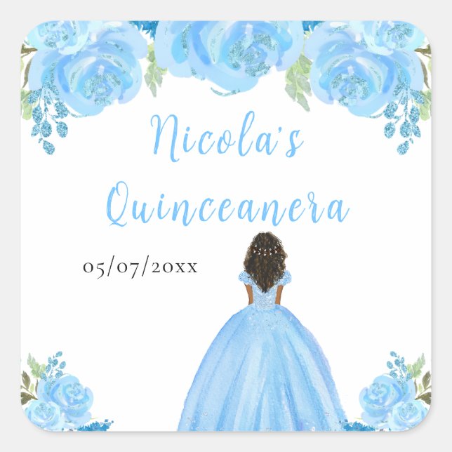 Dark Skin Princess Blue Floral Quinceanera Square Sticker (Front)