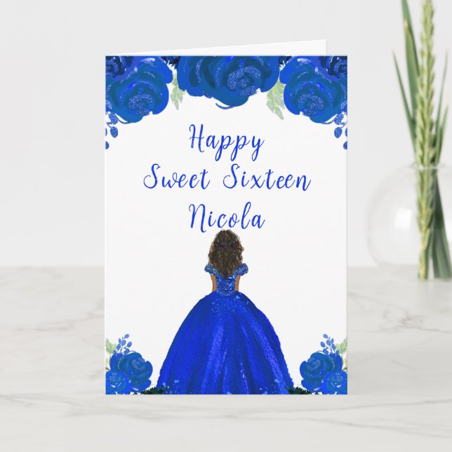 Dark Skin Princess Blue Floral Sweet Sixteen Card (Front)