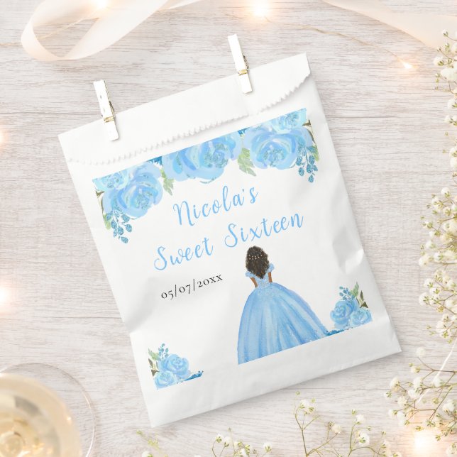 Dark Skin Princess Blue Floral Sweet Sixteen Favour Bag (Clipped)