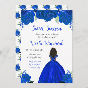 Dark Skin Princess Blue Floral Sweet Sixteen Invitation