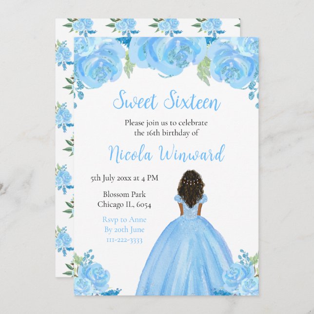Dark Skin Princess Blue Floral Sweet Sixteen Invitation (Front/Back)