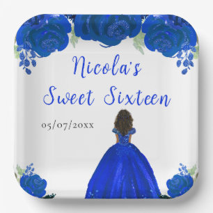 Dark Skin Princess Blue Floral Sweet Sixteen Paper Plate