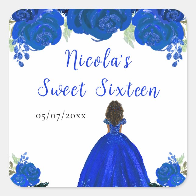 Dark Skin Princess Blue Floral Sweet Sixteen Square Sticker (Front)