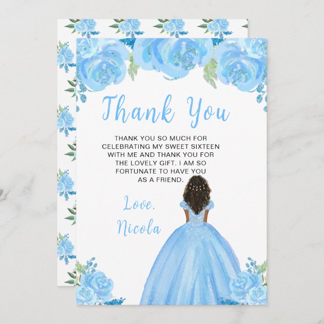 Dark Skin Princess Blue Floral Sweet Sixteen Thank You Card (Front/Back)