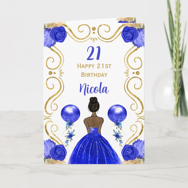 Dark Skin  Princess Blue Happy Birthday Card (Front)