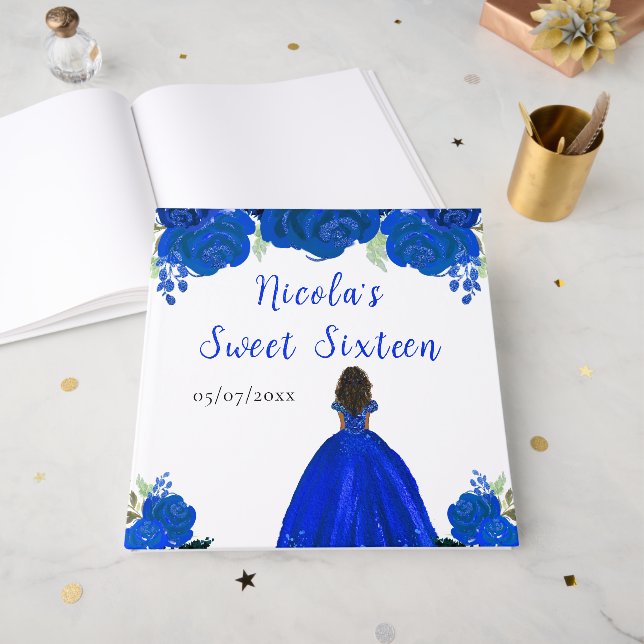Dark Skin Princess Blue Sweet Sixteen Guest Book (Front Open)