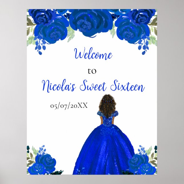 Dark Skin Princess Blue Sweet Sixteen Welcome Poster (Front)
