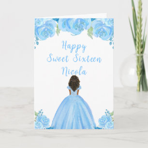 Dark Skin Princess Bright Blue Sweet Sixteen Card