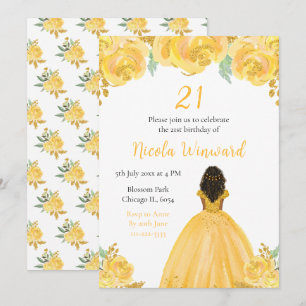 Dark Skin Princess Gold Floral Birthday Party Invitation