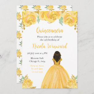 Dark Skin Princess Gold Floral Quinceanera Invitation