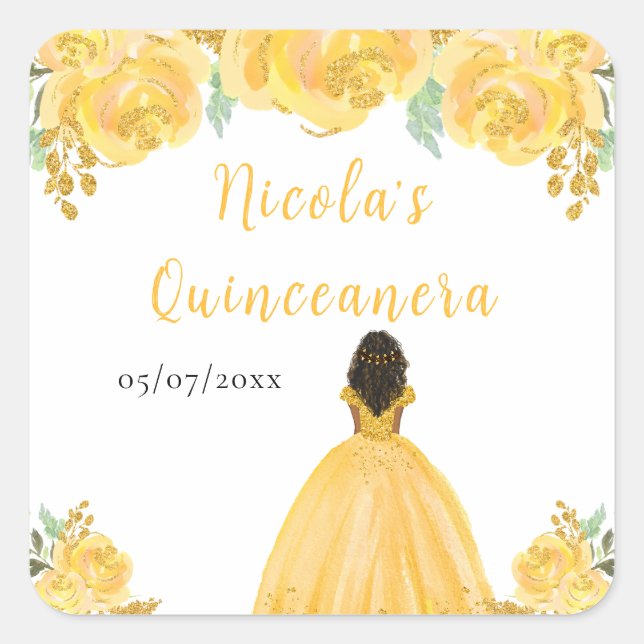 Dark Skin Princess Gold Floral Quinceanera Square Sticker (Front)