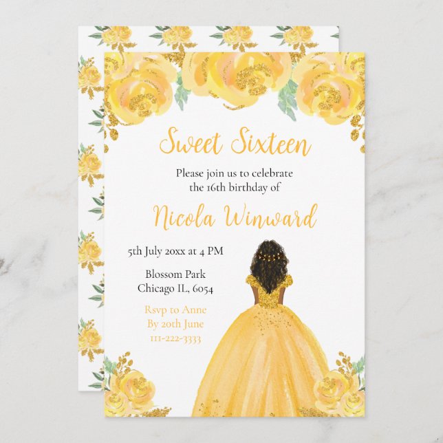 Dark Skin Princess Gold Floral Sweet Sixteen Invitation (Front/Back)